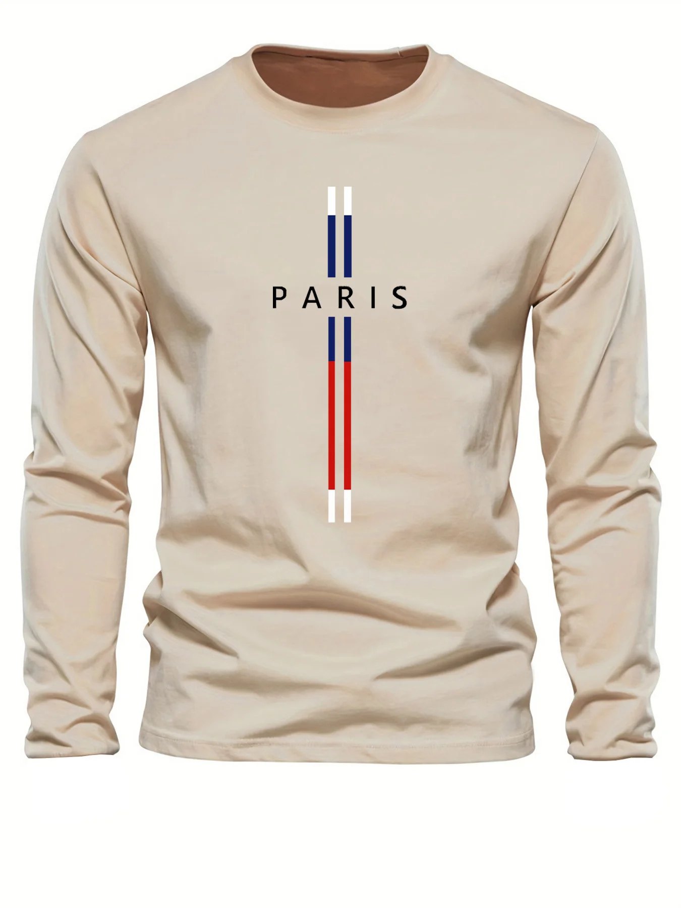 Men's 100% pure cotton loose fit comfortable sports and leisure Paris letter pattern printed round neck long sleeved T-shirt top