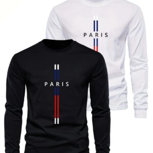 Men's 100% pure cotton loose fit comfortable sports and leisure Paris letter pattern printed round neck long sleeved T-shirt top
