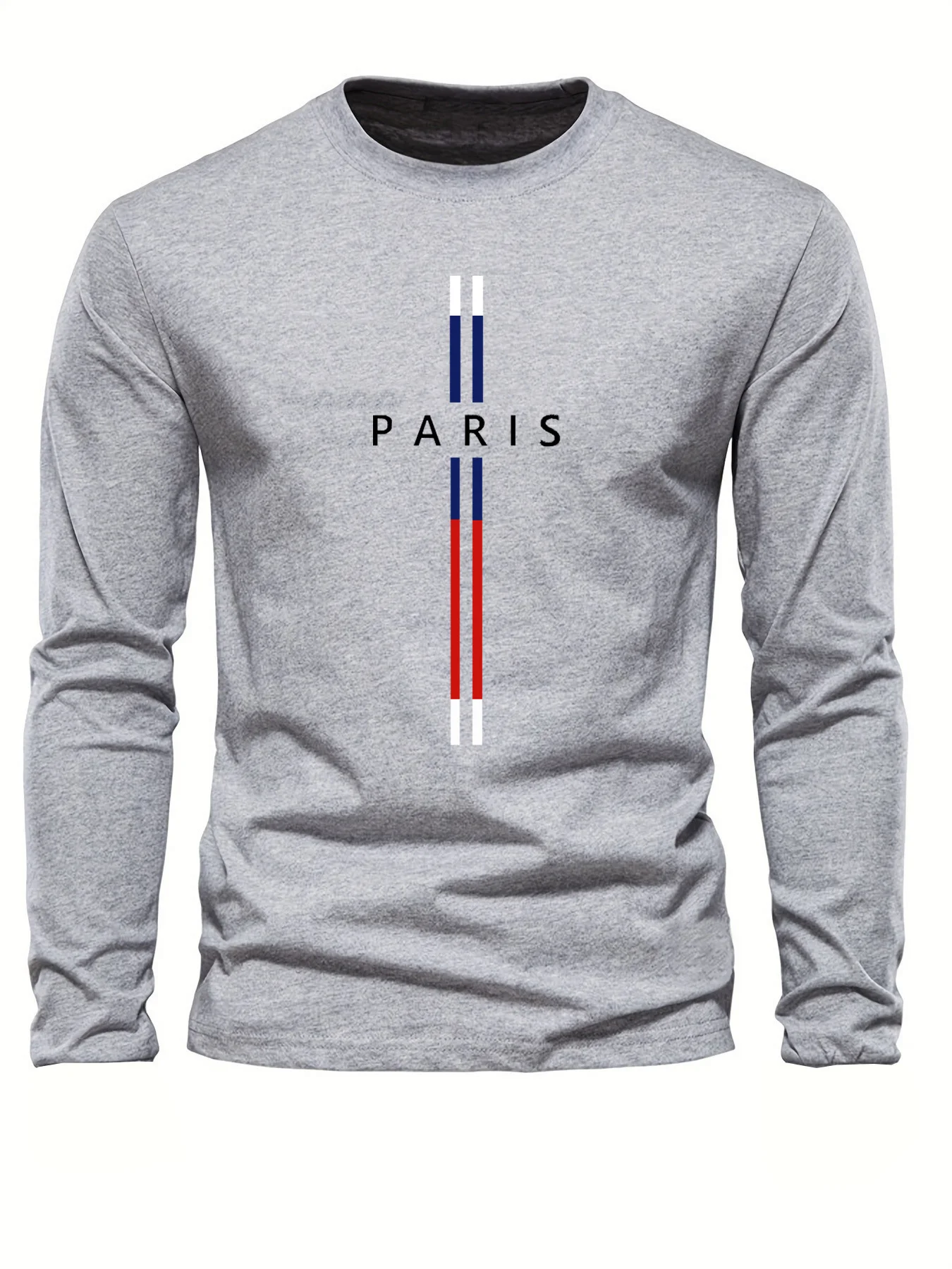 Men's 100% pure cotton loose fit comfortable sports and leisure Paris letter pattern printed round neck long sleeved T-shirt top
