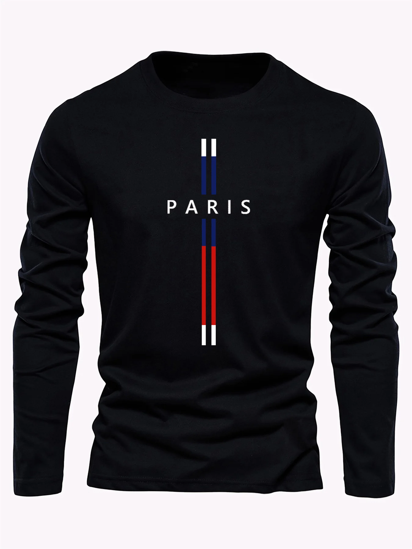 Men's 100% pure cotton loose fit comfortable sports and leisure Paris letter pattern printed round neck long sleeved T-shirt top