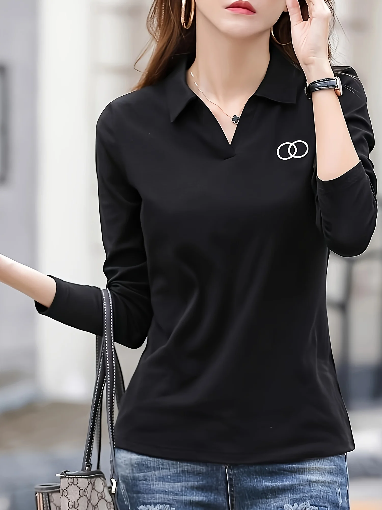 Pattern Print Turn Down Collar T-Shirt,Vibrant Soli  Casual High Stretch Long Sleeve T-Shirt For Spring & Fall, Women's Clothing