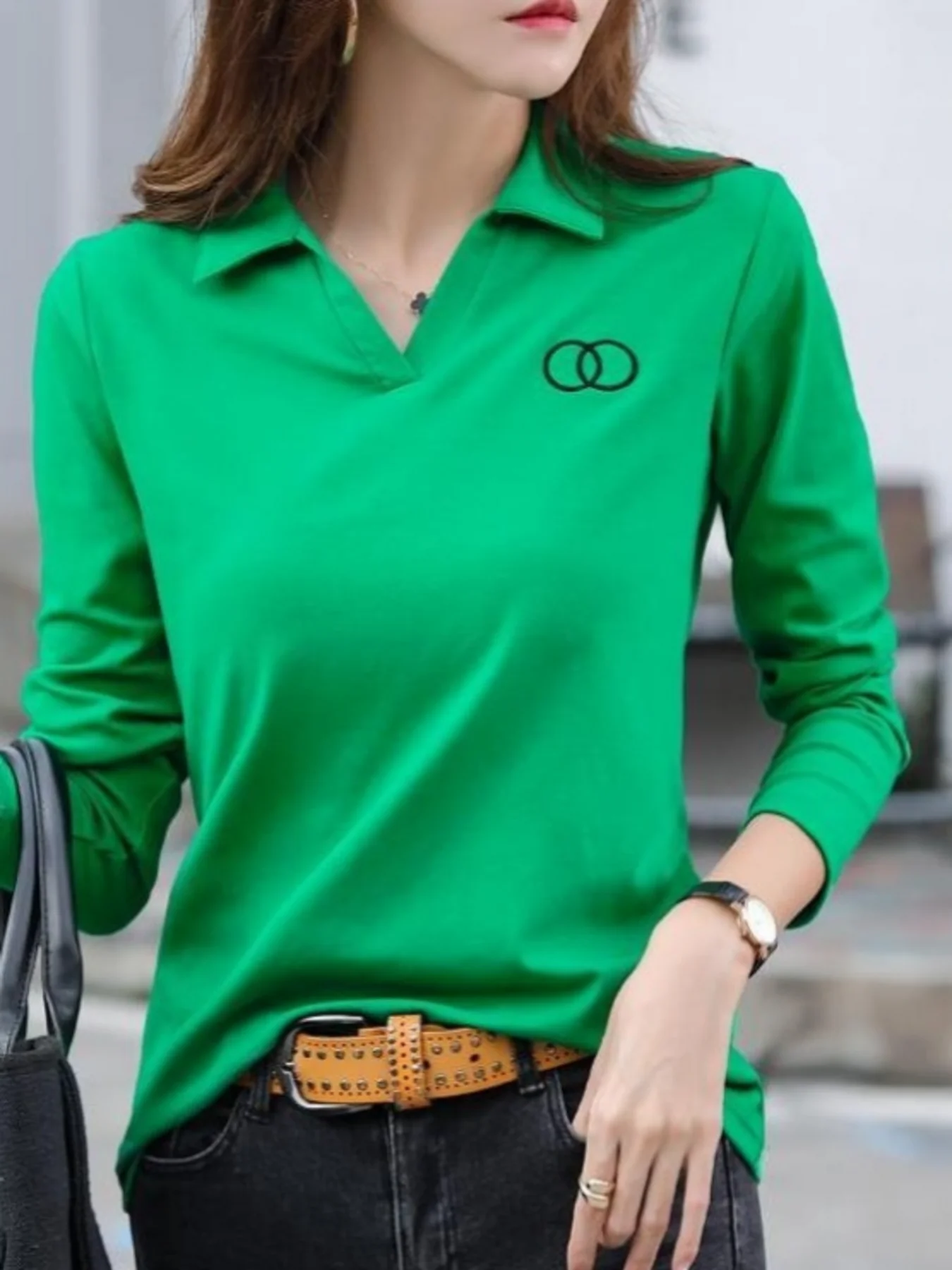 Pattern Print Turn Down Collar T-Shirt,Vibrant Soli  Casual High Stretch Long Sleeve T-Shirt For Spring & Fall, Women's Clothing