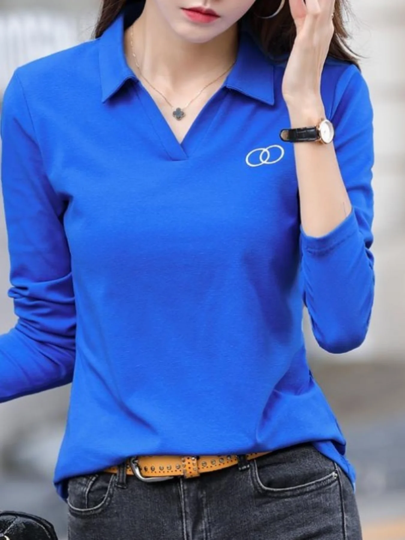 Pattern Print Turn Down Collar T-Shirt,Vibrant Soli  Casual High Stretch Long Sleeve T-Shirt For Spring & Fall, Women's Clothing