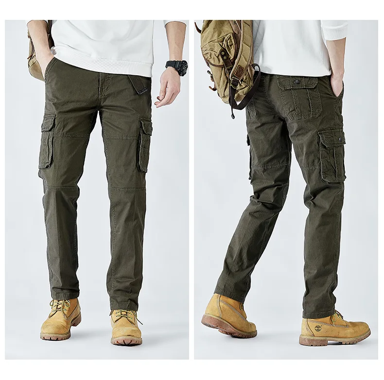 2025 Men's Cargo Pants Straight Leg Cotton Stretch Tactical Trouser Male Military Outdoor Camping Fishing Casual Work Wear Khaki