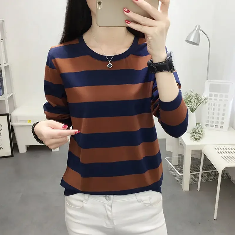 Plus Size Long Sleeve Striped T-Shirt Women's Loose-Fit Slimming Crew Neck Top For Spring Autumn