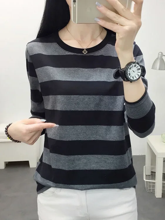 Plus Size Long Sleeve Striped T-Shirt Women's Loose-Fit Slimming Crew Neck Top For Spring Autumn