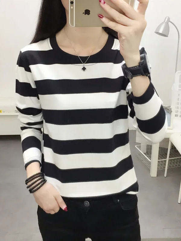 Plus Size Long Sleeve Striped T-Shirt Women's Loose-Fit Slimming Crew Neck Top For Spring Autumn