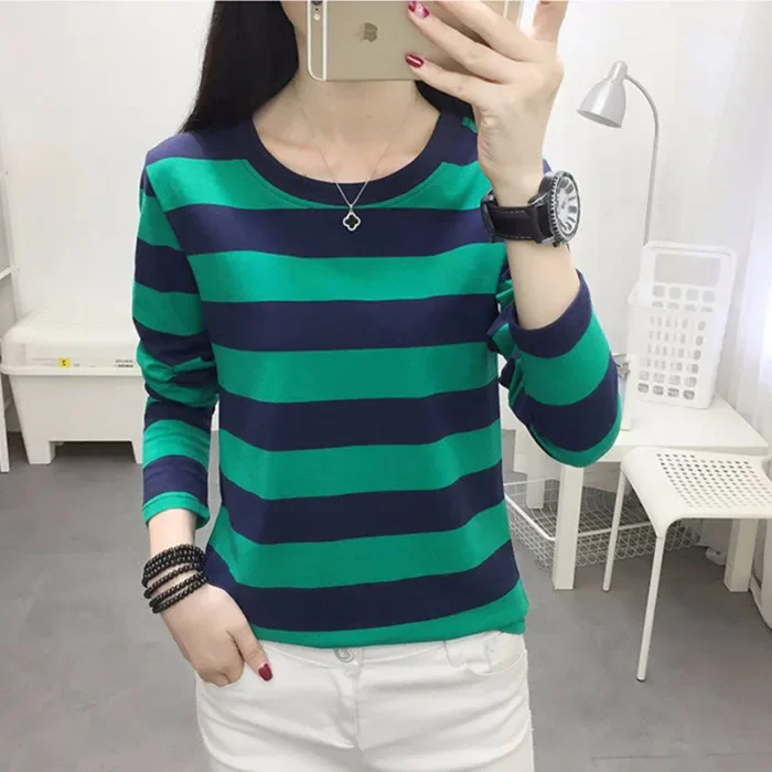 Plus Size Long Sleeve Striped T-Shirt Women's Loose-Fit Slimming Crew Neck Top For Spring Autumn