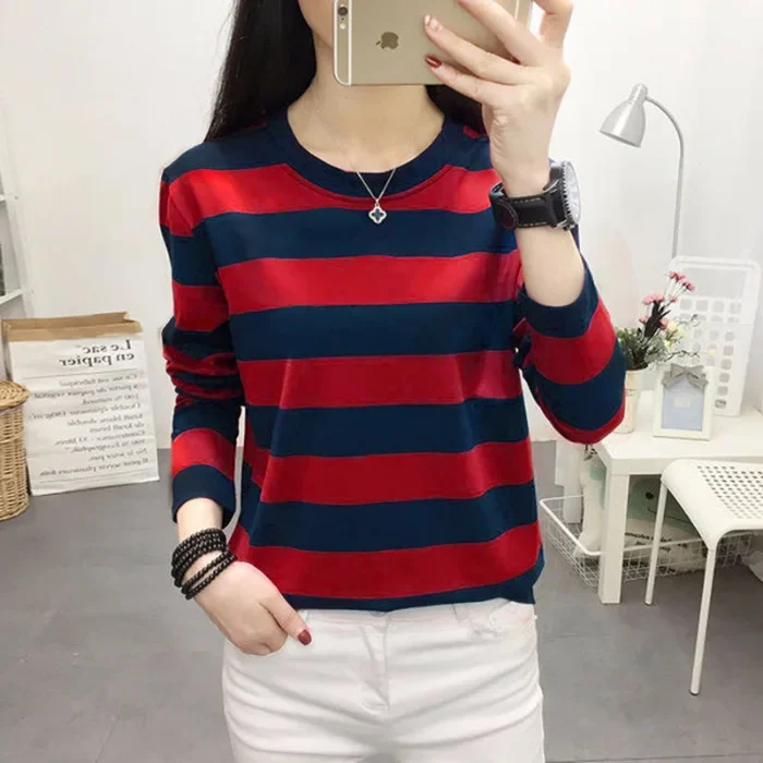 Plus Size Long Sleeve Striped T-Shirt Women's Loose-Fit Slimming Crew Neck Top For Spring Autumn