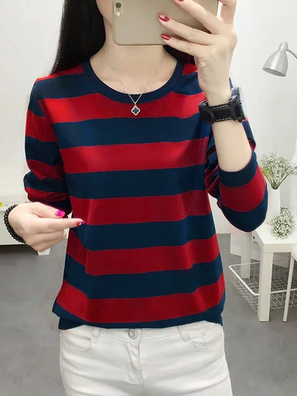 Plus Size Long Sleeve Striped T-Shirt Women's Loose-Fit Slimming Crew Neck Top For Spring Autumn