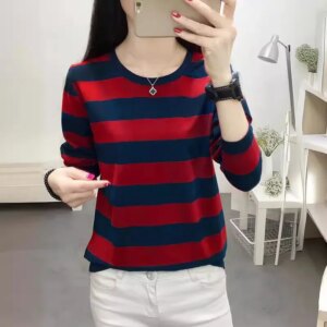 Plus Size Long Sleeve Striped T-Shirt Women's Loose-Fit Slimming Crew Neck Top For Spring Autumn