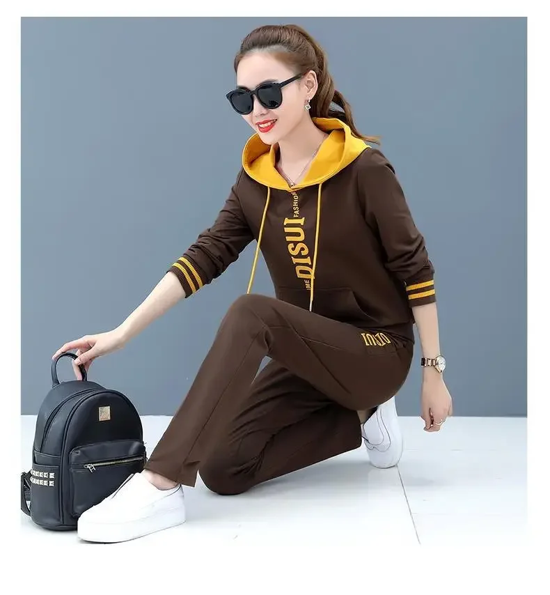 Women's Hoodie Set Loose Fit Large Size Two-Piece Color Block Letter Print Comfortable Autumn Wear Casual Street Style