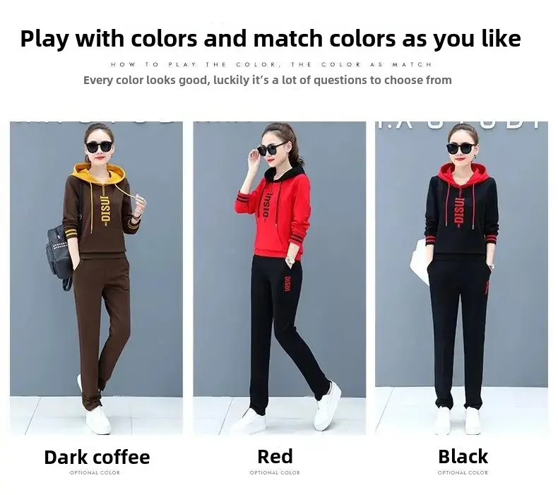 Women's Hoodie Set Loose Fit Large Size Two-Piece Color Block Letter Print Comfortable Autumn Wear Casual Street Style