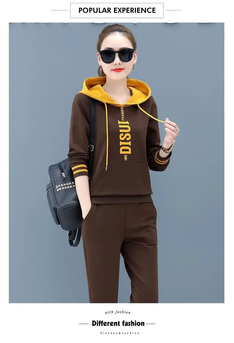 Women's Hoodie Set Loose Fit Large Size Two-Piece Color Block Letter Print Comfortable Autumn Wear Casual Street Style