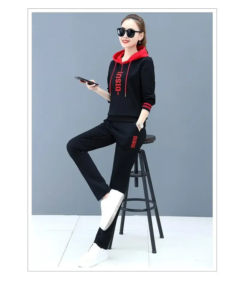 Women's Hoodie Set Loose Fit Large Size Two-Piece Color Block Letter Print Comfortable Autumn Wear Casual Street Style