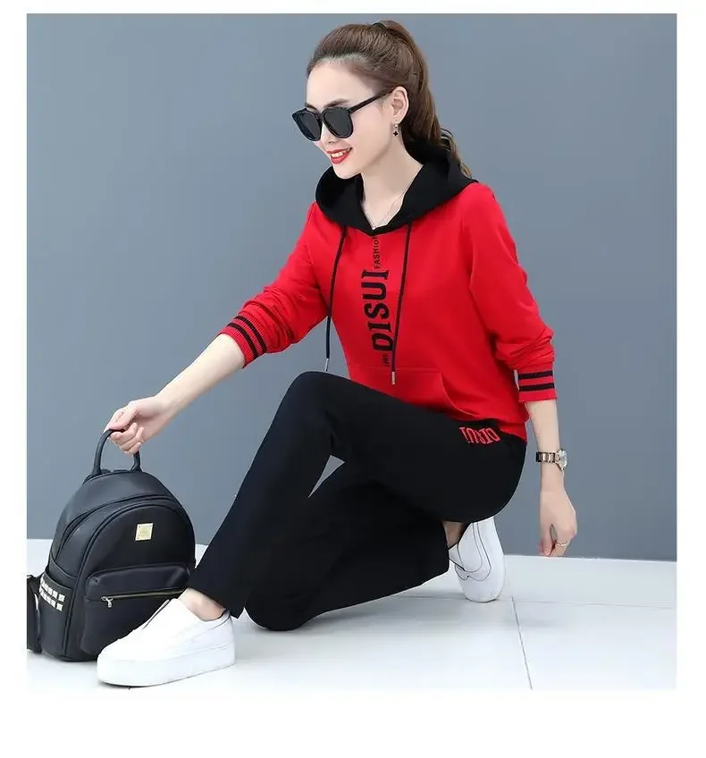 Women's Hoodie Set Loose Fit Large Size Two-Piece Color Block Letter Print Comfortable Autumn Wear Casual Street Style