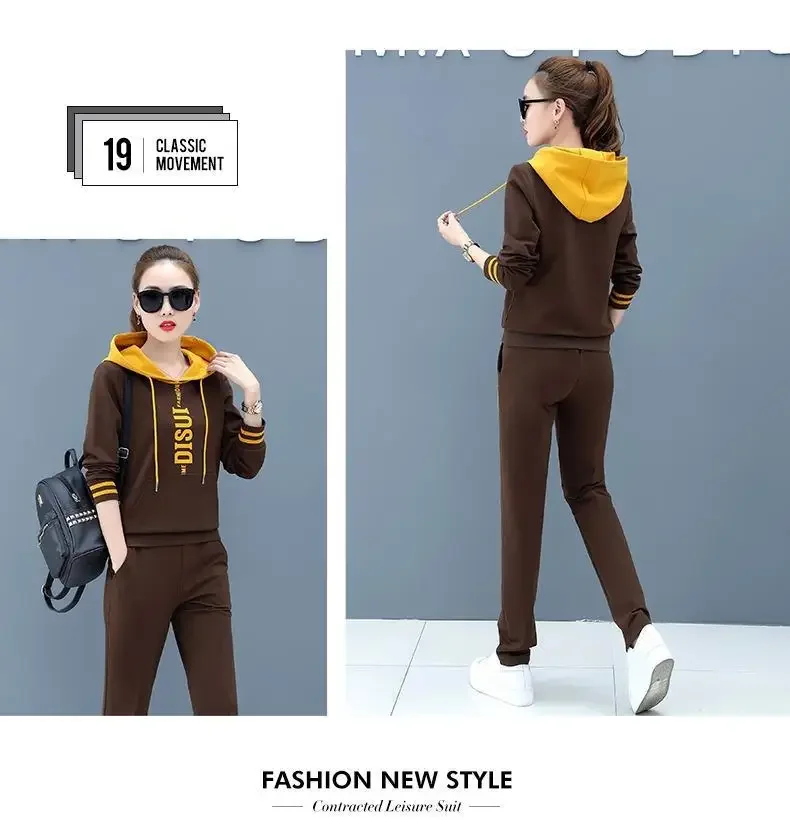 Women's Hoodie Set Loose Fit Large Size Two-Piece Color Block Letter Print Comfortable Autumn Wear Casual Street Style