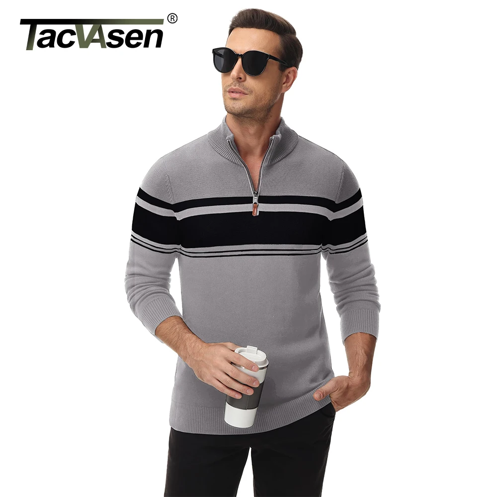 TACVASEN Striped Pullover Men's Sweaters Quarter Zipper Stand Collar Long Sleeve Autumn Winter Working Casual Male Sweater Tops