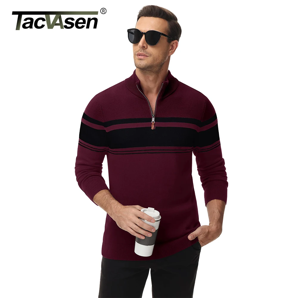 TACVASEN Striped Pullover Men's Sweaters Quarter Zipper Stand Collar Long Sleeve Autumn Winter Working Casual Male Sweater Tops