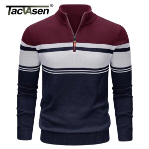 TACVASEN Striped Pullover Men's Sweaters Quarter Zipper Stand Collar Long Sleeve Autumn Winter Working Casual Male Sweater Tops