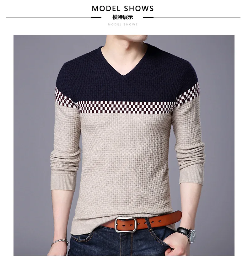 2023 Autumn Winter Warm Wool Sweaters Casual Hit Color Patchwork V-neck Pullover Men Brand Slim Fit Cotton Sweater