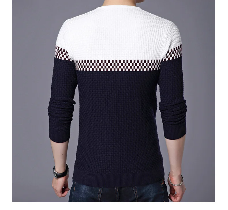 2023 Autumn Winter Warm Wool Sweaters Casual Hit Color Patchwork V-neck Pullover Men Brand Slim Fit Cotton Sweater
