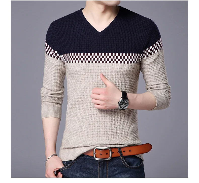 2023 Autumn Winter Warm Wool Sweaters Casual Hit Color Patchwork V-neck Pullover Men Brand Slim Fit Cotton Sweater