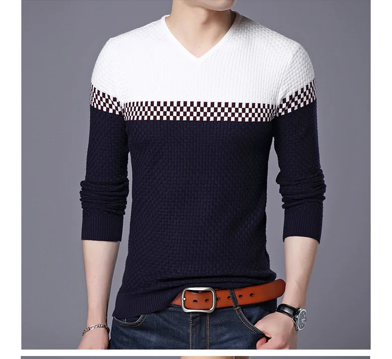 2023 Autumn Winter Warm Wool Sweaters Casual Hit Color Patchwork V-neck Pullover Men Brand Slim Fit Cotton Sweater