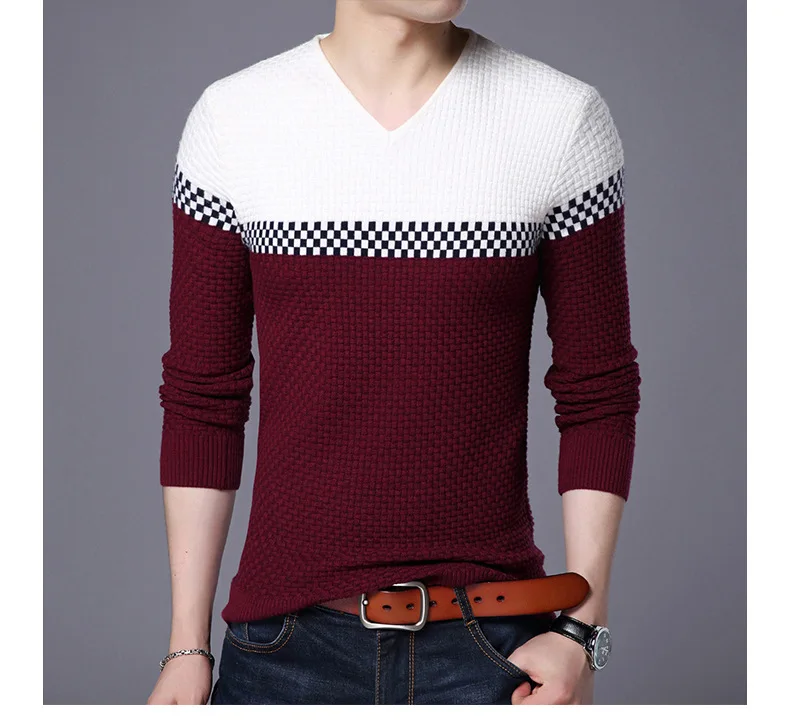 2023 Autumn Winter Warm Wool Sweaters Casual Hit Color Patchwork V-neck Pullover Men Brand Slim Fit Cotton Sweater