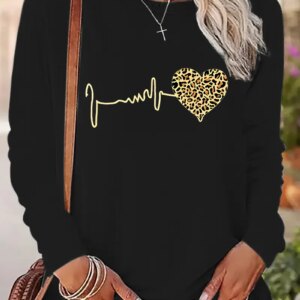 Leopard Heartbeat Printed Long Sleeve Shirt Funny Gothic T Shirt Women's  Print  T-Shirt Crew Neck Top Tee Tshirt Casual