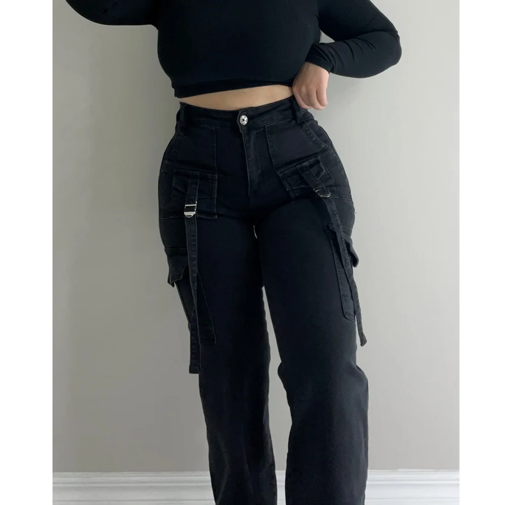 Fashion Women Streetwear Side Pocket Cargo Straight Denim Straight Safari Style Jeans Wide Leg Jeans Trousers Hip-hop Streetwear