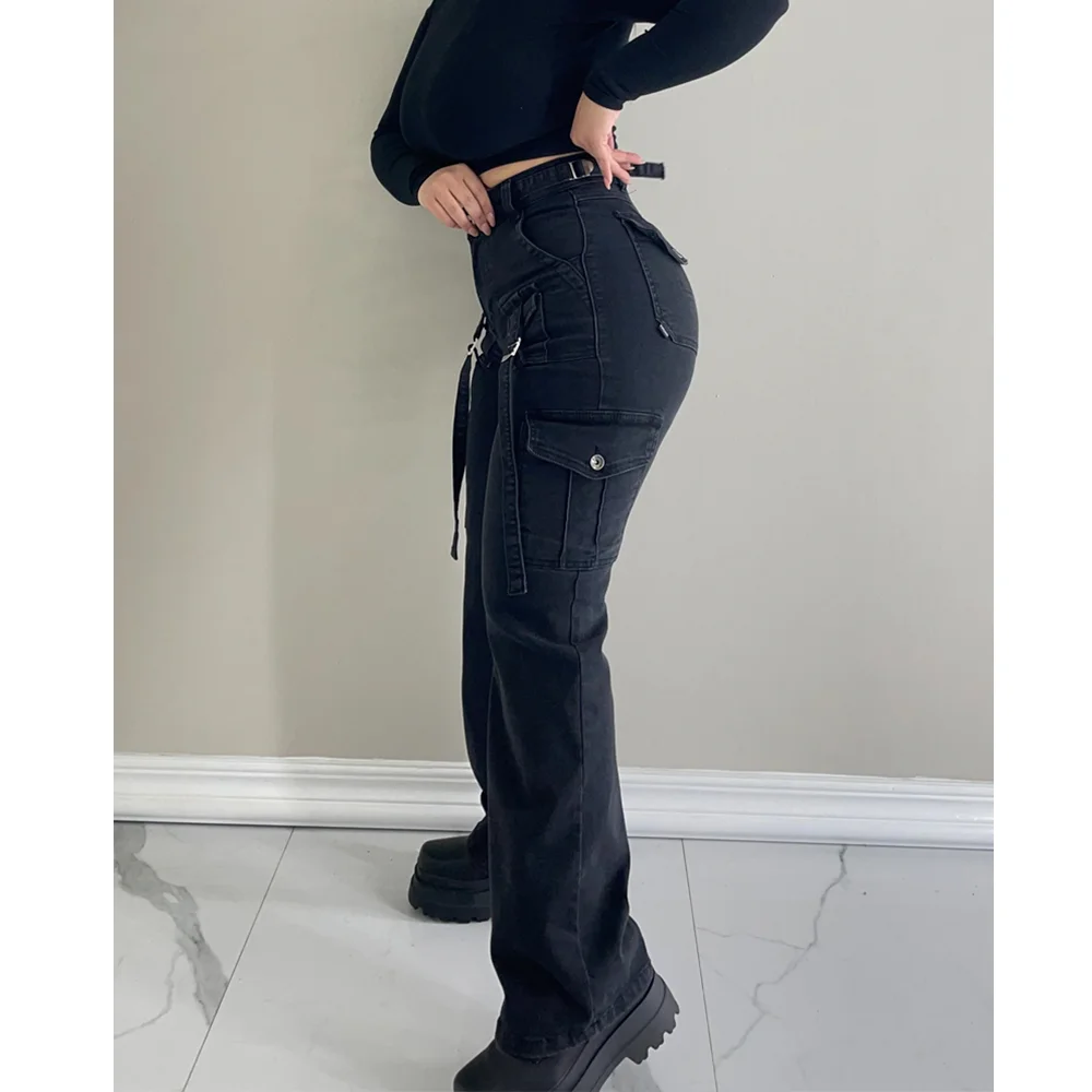 Fashion Women Streetwear Side Pocket Cargo Straight Denim Straight Safari Style Jeans Wide Leg Jeans Trousers Hip-hop Streetwear