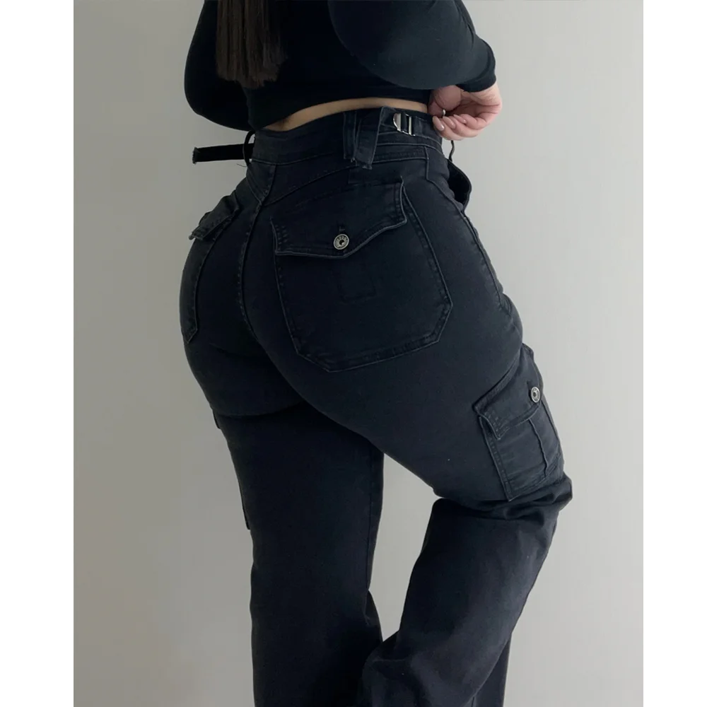 Fashion Women Streetwear Side Pocket Cargo Straight Denim Straight Safari Style Jeans Wide Leg Jeans Trousers Hip-hop Streetwear
