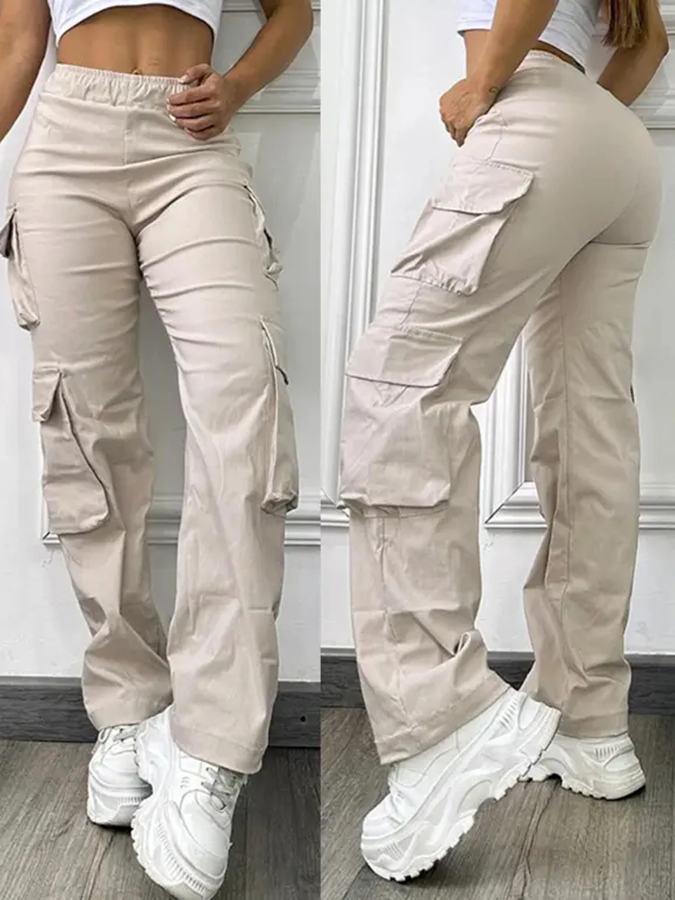 Women's fashion solid color pocket high waist elastic work pants