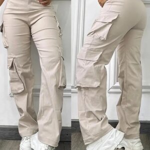 Women's fashion solid color pocket high waist elastic work pants