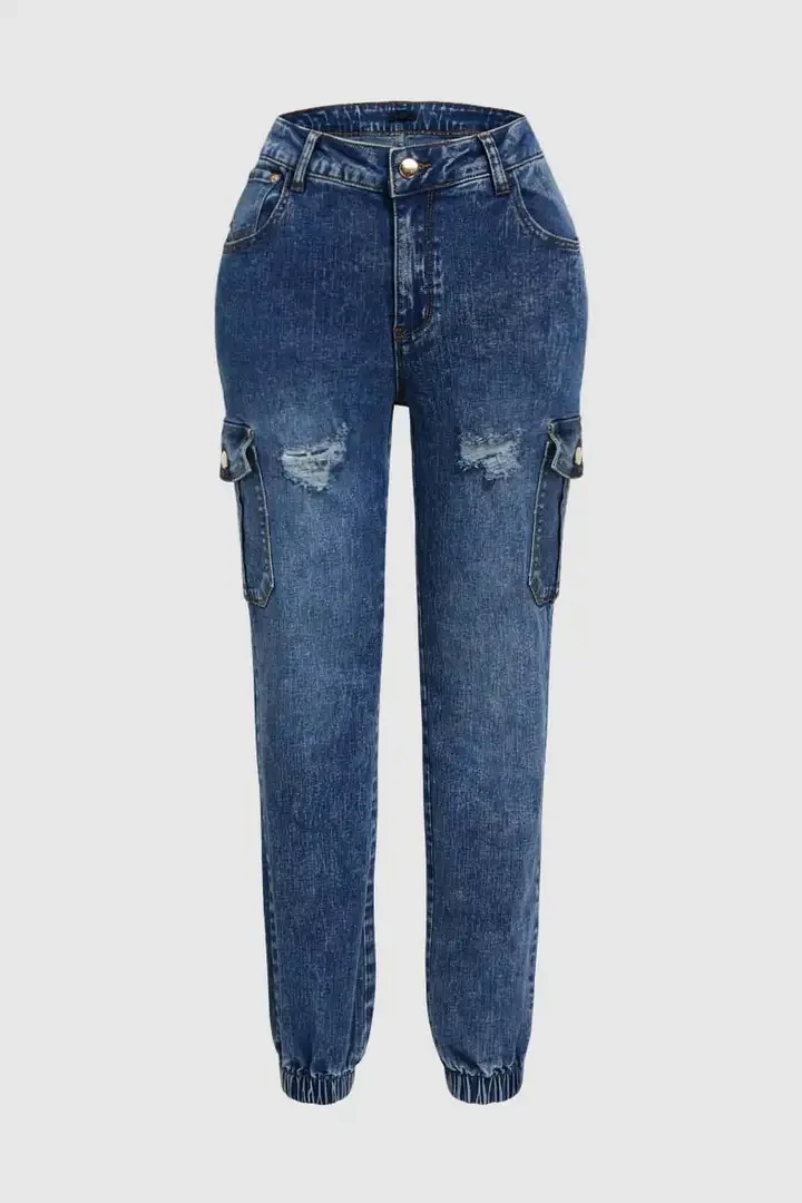 Women's Distressed Stretch Cropped Denim Jeans-Fashionable Elastic Cuff, Multi-Pocket Casual Cargo Pants Sporty Wear Jeans T16 Women's Distressed Stretch Cropped Denim Jeans-Fashionable Elastic Cuff, Multi-Pocket Casual Cargo Pants Sporty Wear Jeans T16