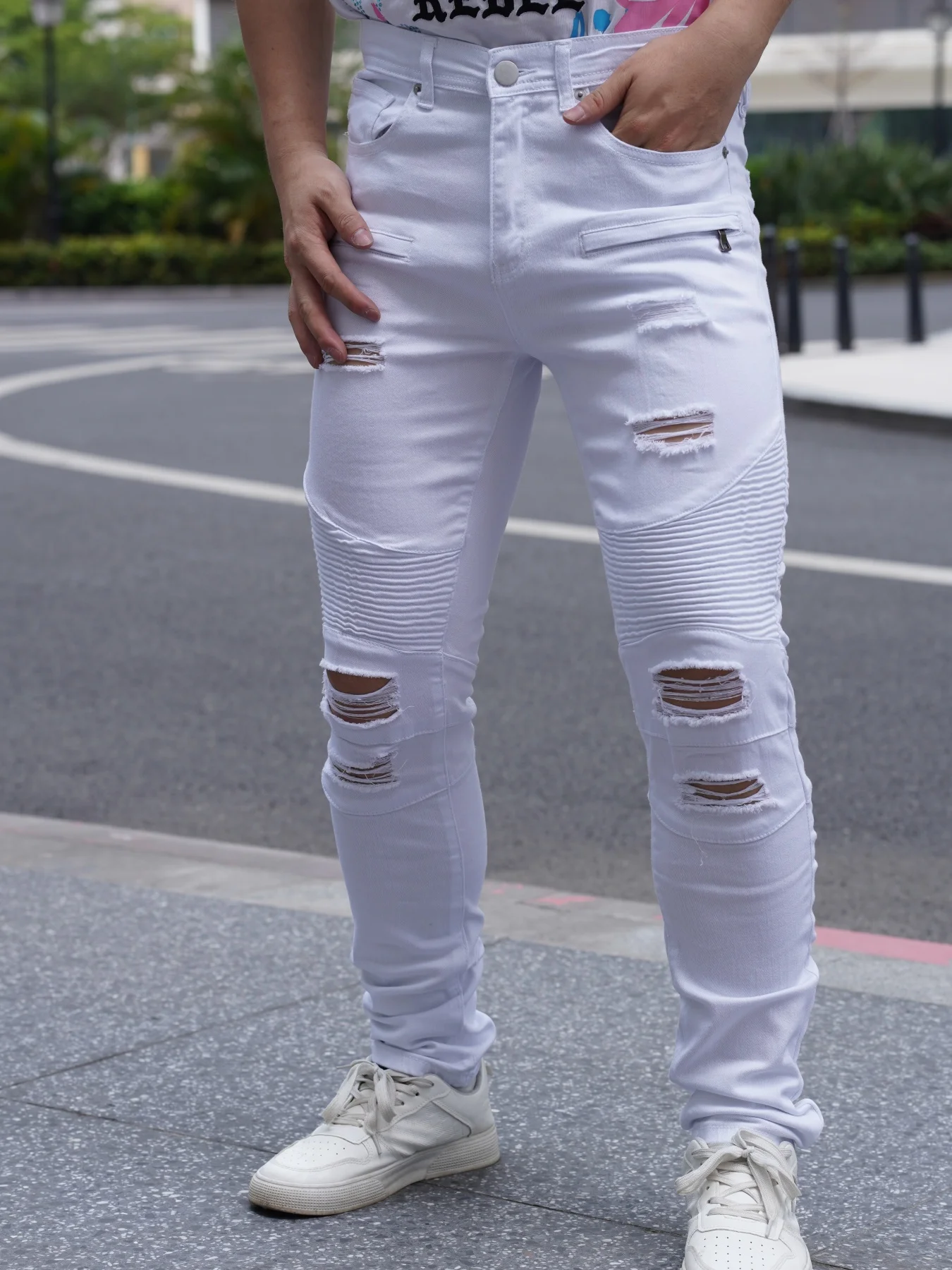Fashionable Distressed Men's Jeans  White Color  Versatile And Easy To Match  Promotion Offer  Free Shipping To Your Home