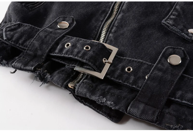 Sokotoo Men's zippers black biker jean jacket Streetwear thick denim slim coat with belt High quality