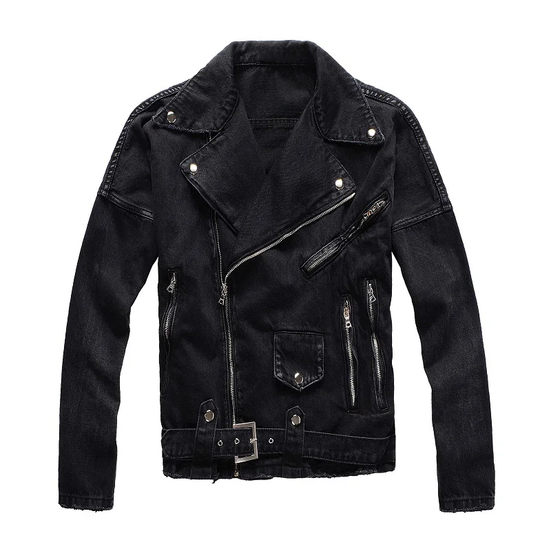 Sokotoo Men's zippers black biker jean jacket Streetwear thick denim slim coat with belt High quality