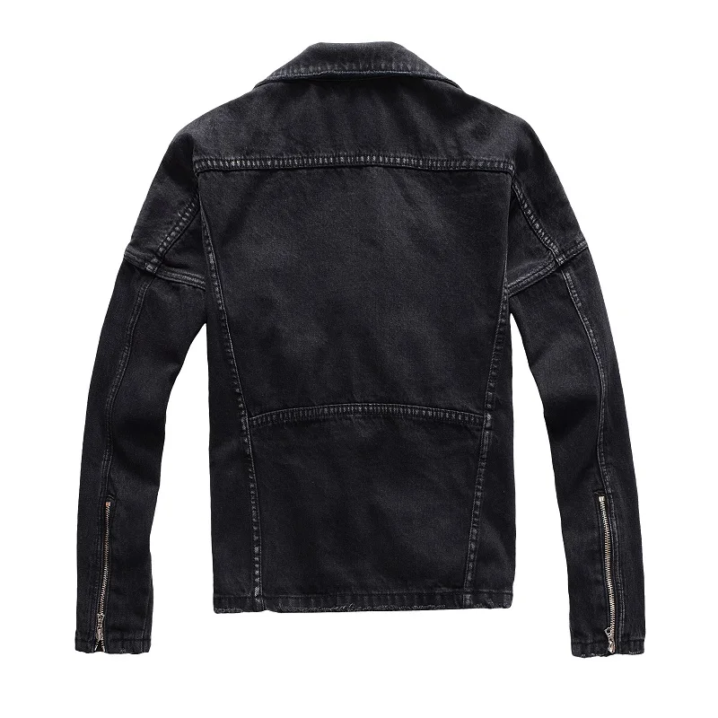 Sokotoo Men's zippers black biker jean jacket Streetwear thick denim slim coat with belt High quality