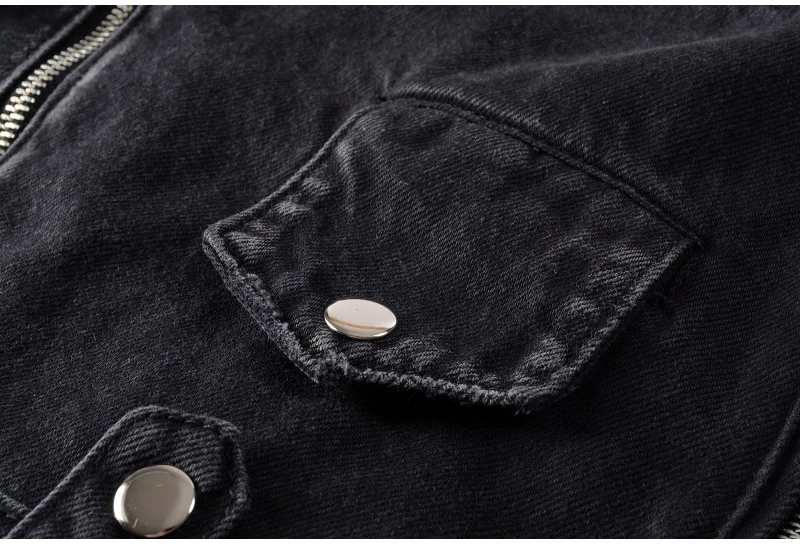 Sokotoo Men's zippers black biker jean jacket Streetwear thick denim slim coat with belt High quality