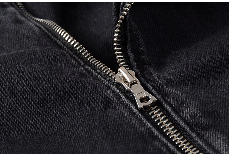 Sokotoo Men's zippers black biker jean jacket Streetwear thick denim slim coat with belt High quality