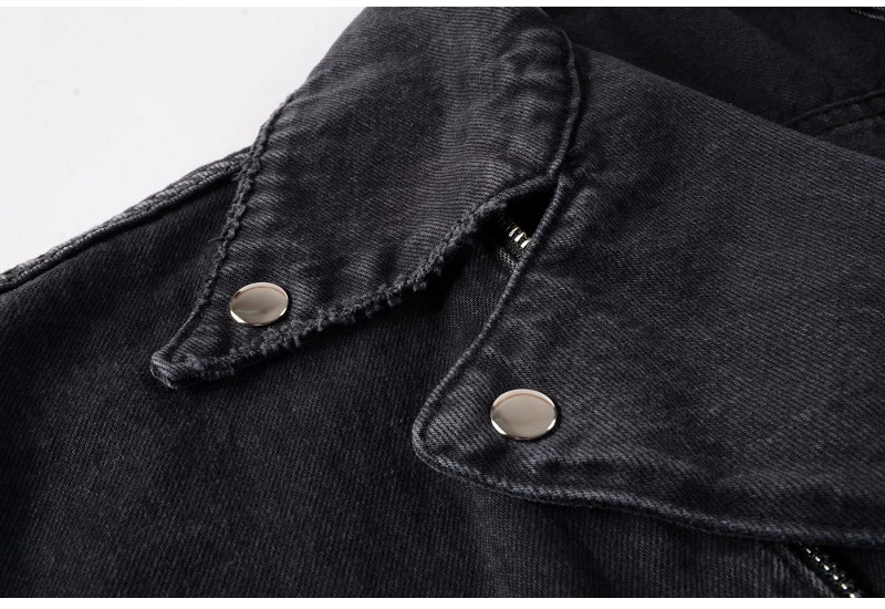 Sokotoo Men's zippers black biker jean jacket Streetwear thick denim slim coat with belt High quality