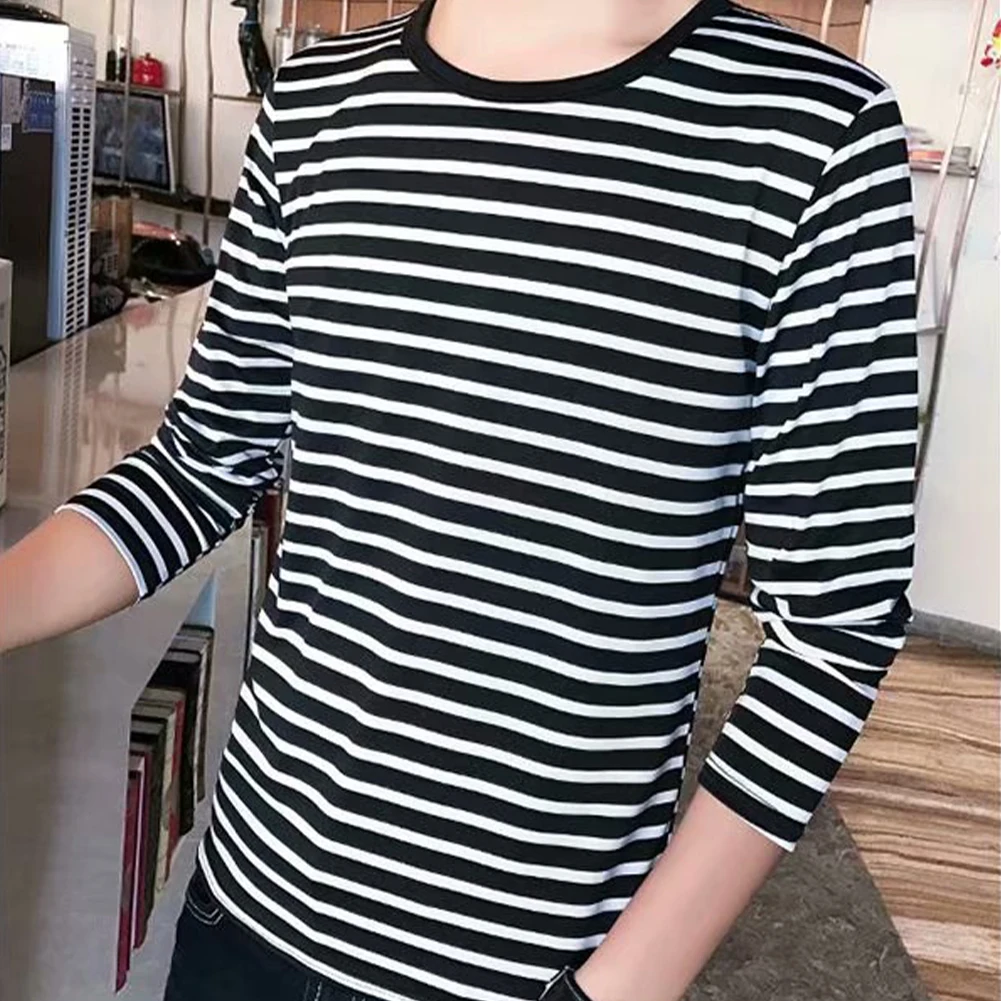 Autumn Men's Round Neck T-Shirts Long Sleeve Stripe Pullovers T-Shirt Casual Undershirts Men Tees Tops