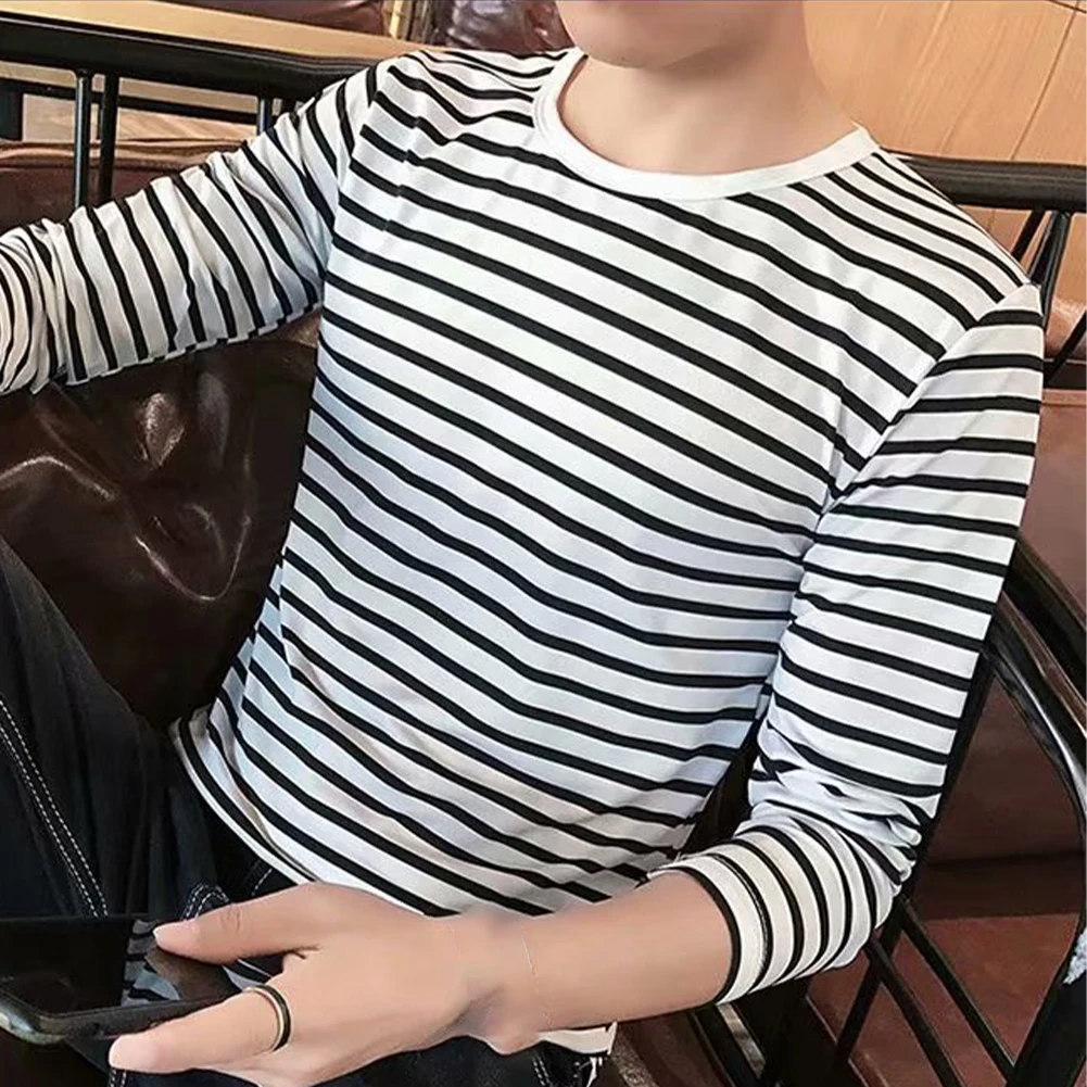 Autumn Men's Round Neck T-Shirts Long Sleeve Stripe Pullovers T-Shirt Casual Undershirts Men Tees Tops