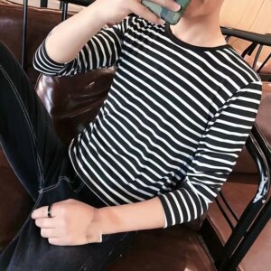 Autumn Men's Round Neck T-Shirts Long Sleeve Stripe Pullovers T-Shirt Casual Undershirts Men Tees Tops