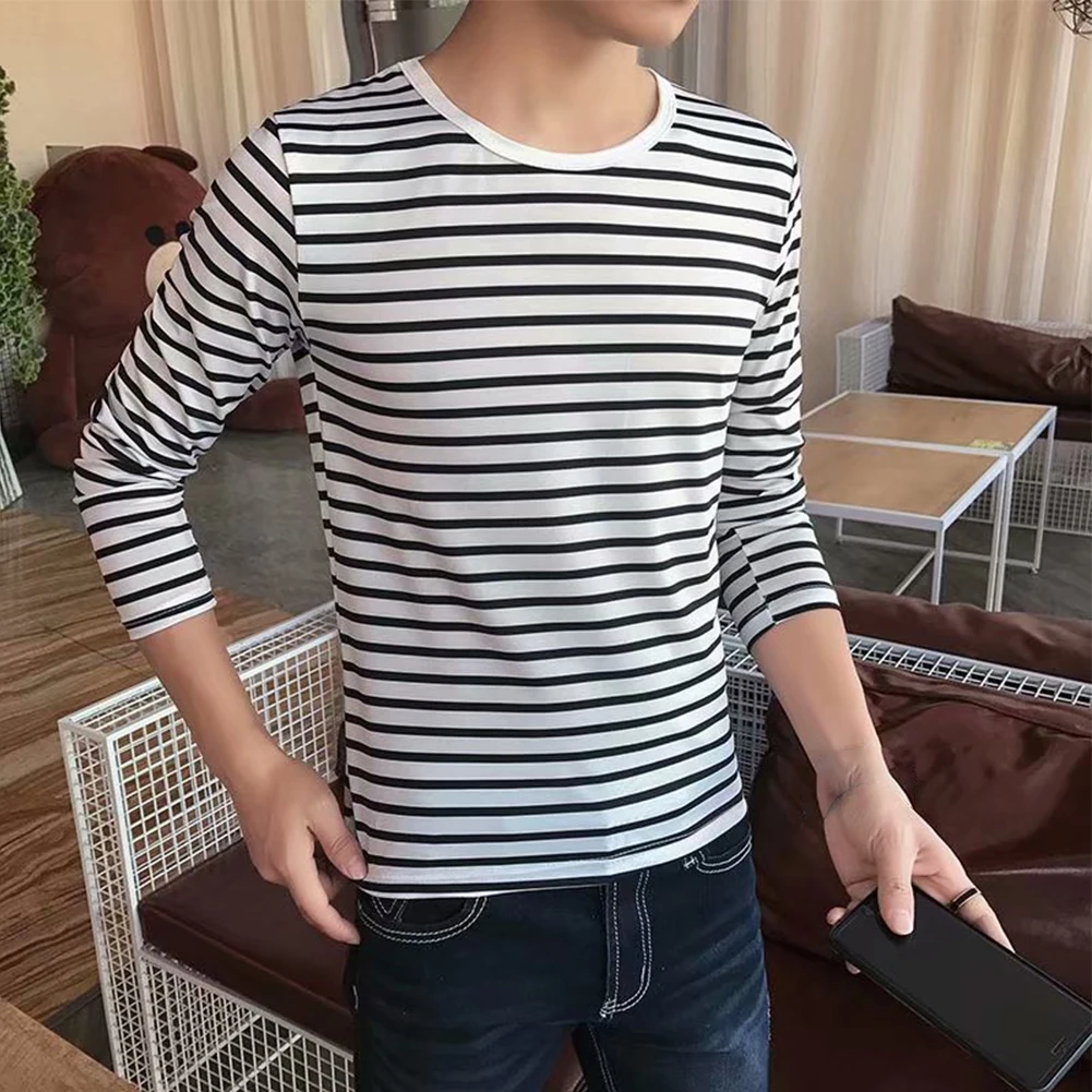 Autumn Men's Round Neck T-Shirts Long Sleeve Stripe Pullovers T-Shirt Casual Undershirts Men Tees Tops