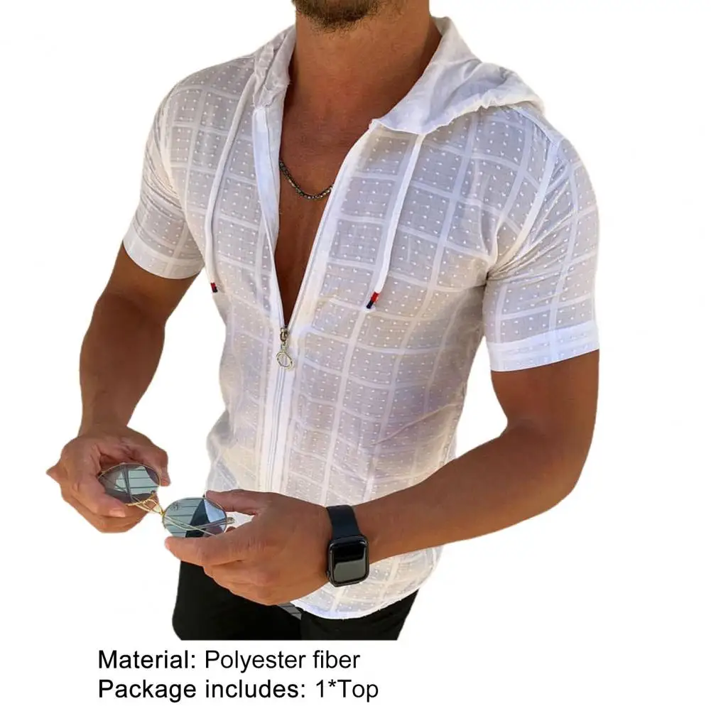 Men Short Sleeve T-shirt Hooded Zipper Plaid Print Summer T-shirt Streetwear Mens Short Sleeve T-shirt Pullover