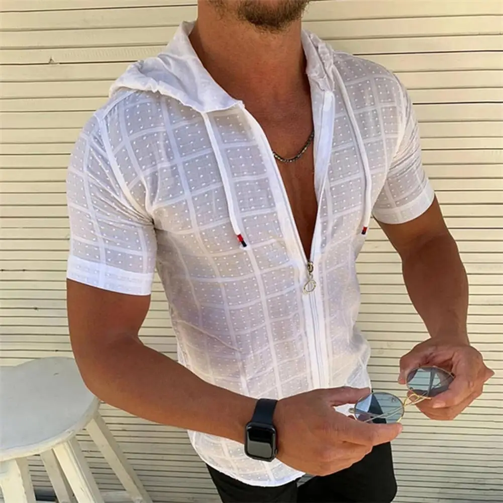 Men Short Sleeve T-shirt Hooded Zipper Plaid Print Summer T-shirt Streetwear Mens Short Sleeve T-shirt Pullover