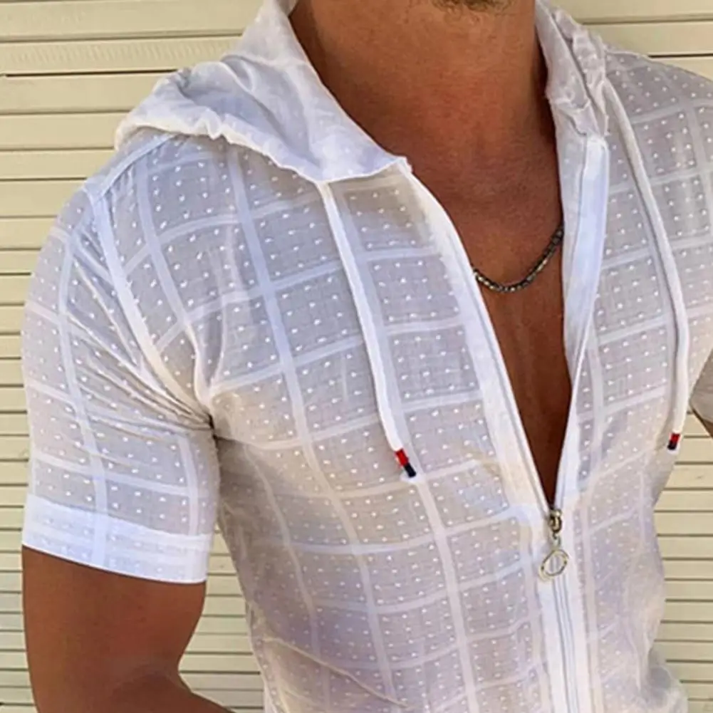 Men Short Sleeve T-shirt Hooded Zipper Plaid Print Summer T-shirt Streetwear Mens Short Sleeve T-shirt Pullover